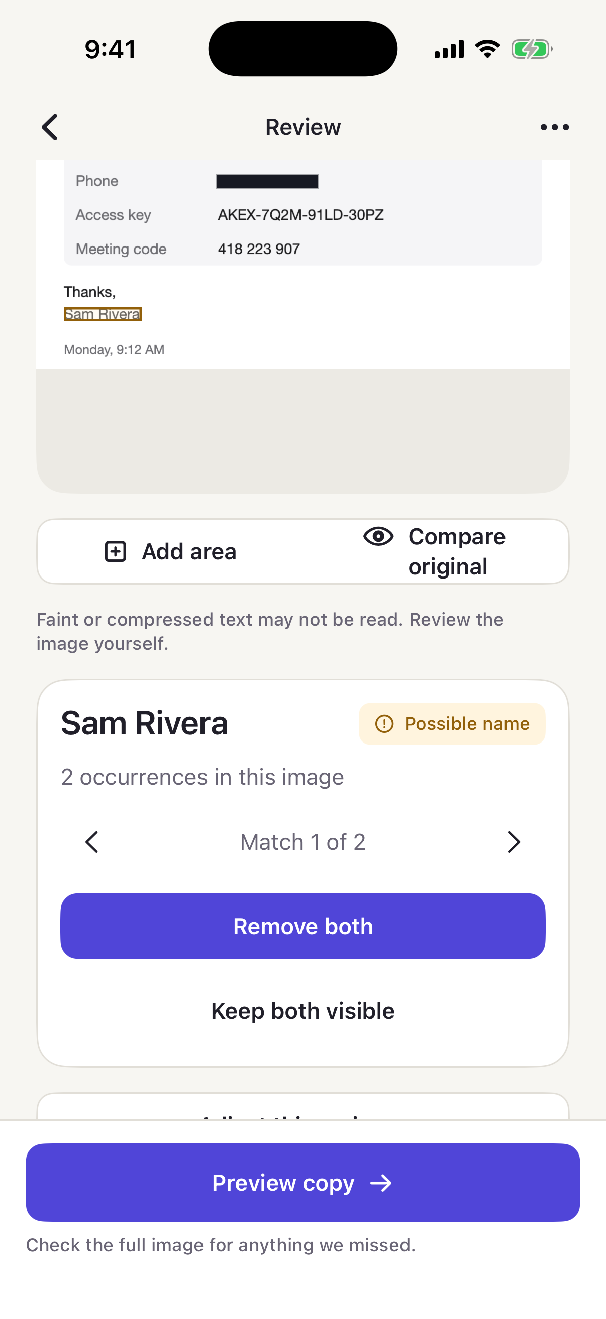 RedactRoom on iPhone showing a suggested name with two occurrences and the choice to remove both or keep both visible.